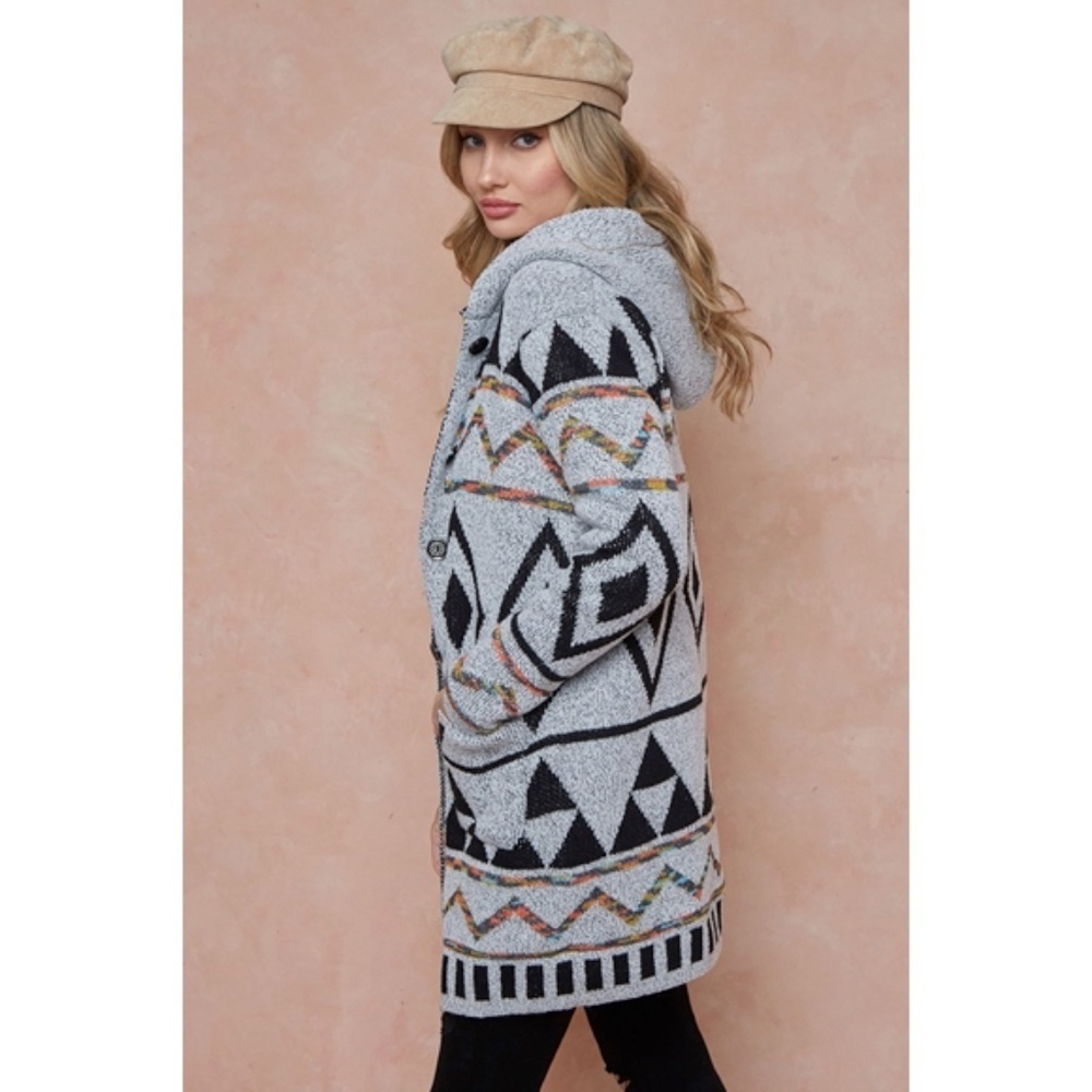 Gray Multi Sweater Hooded Long Knit Cardigan Sweater w/ Sherpa Lining - Picture 6 of 7
